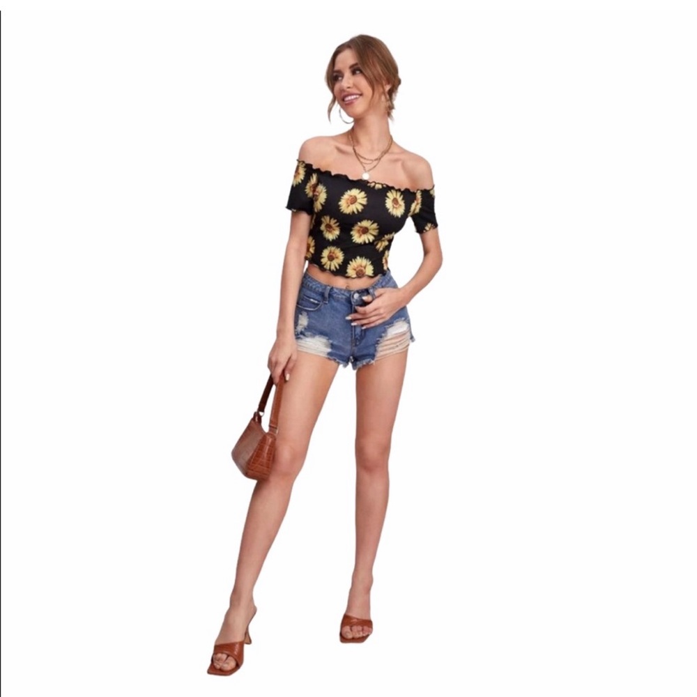 New Woman’s Boho Black Yellow Orange Off Shoulder Lettuce Trim Sunflower Top